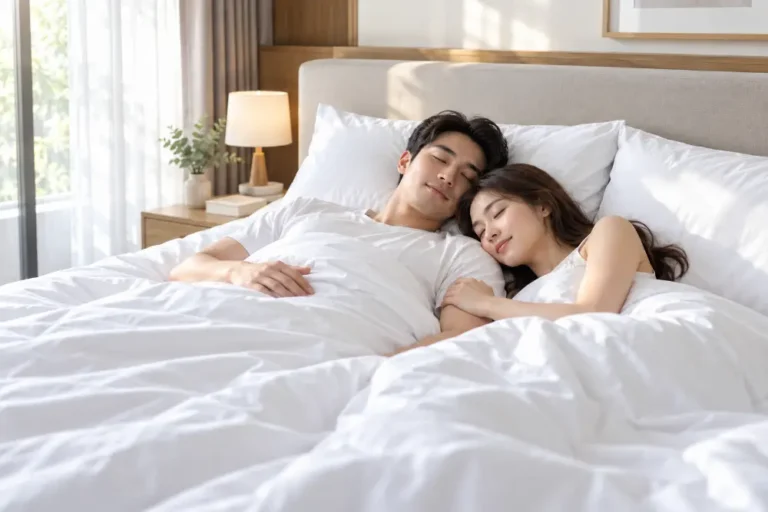 ชุดผ้าปูกันไรฝุ่น 6 ฟุต King Size สำหรับคู่รักที่แพ้ง่าย สีขาวสะอาด บนเตียงขนาดใหญ่
